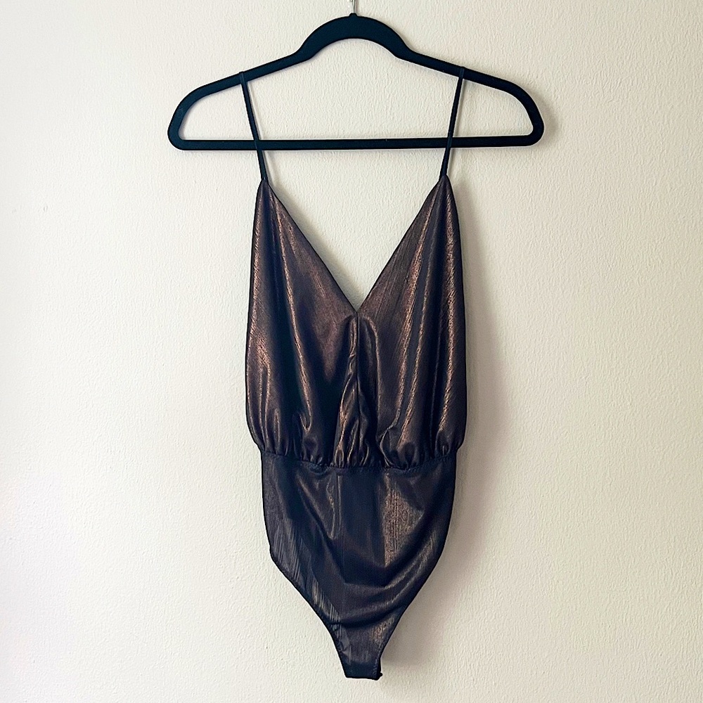 Zara metallic copper open back plunge bodysuit